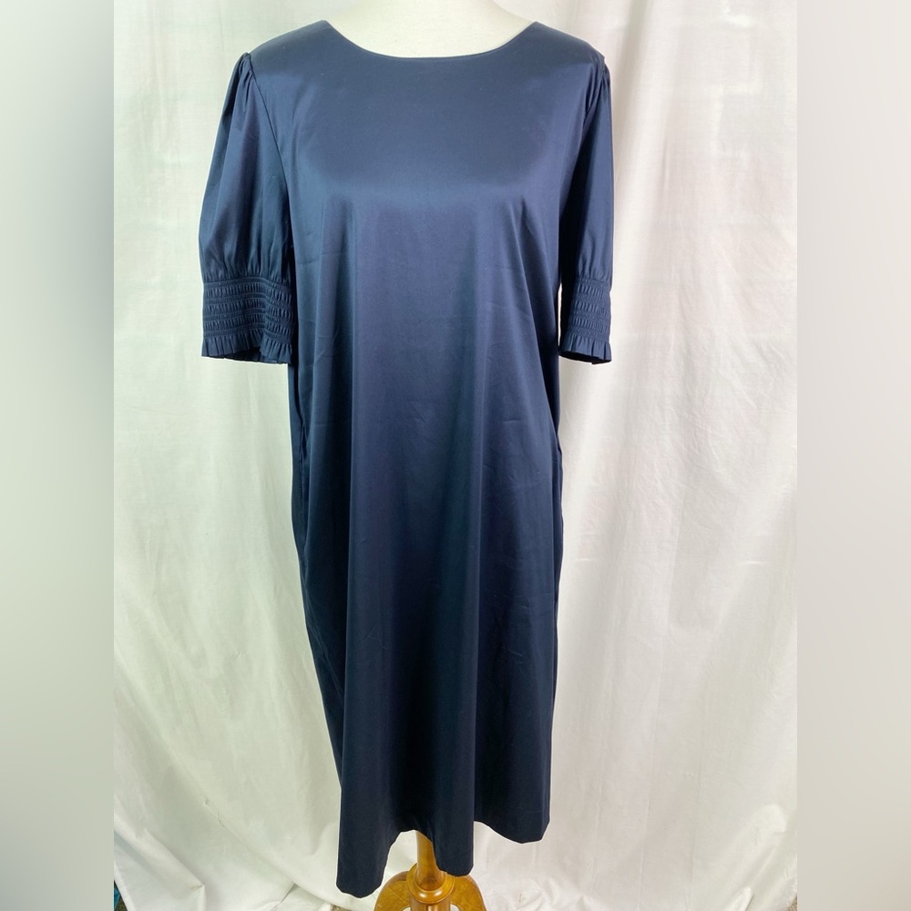 Chico's Deep Navy Midi Dress with Smocked Elbow Sleeves